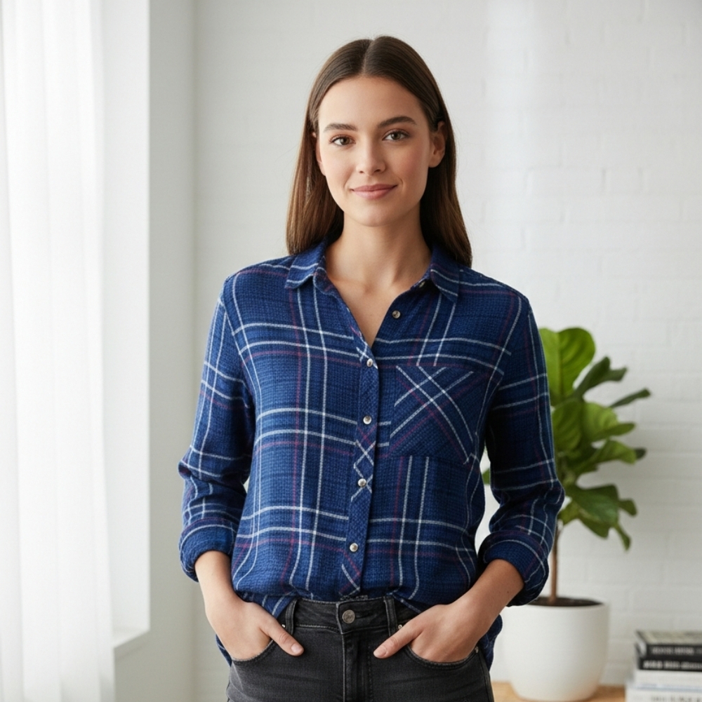 Arizona Jean Company Blue Plaid Button Down Shirt Saze XS